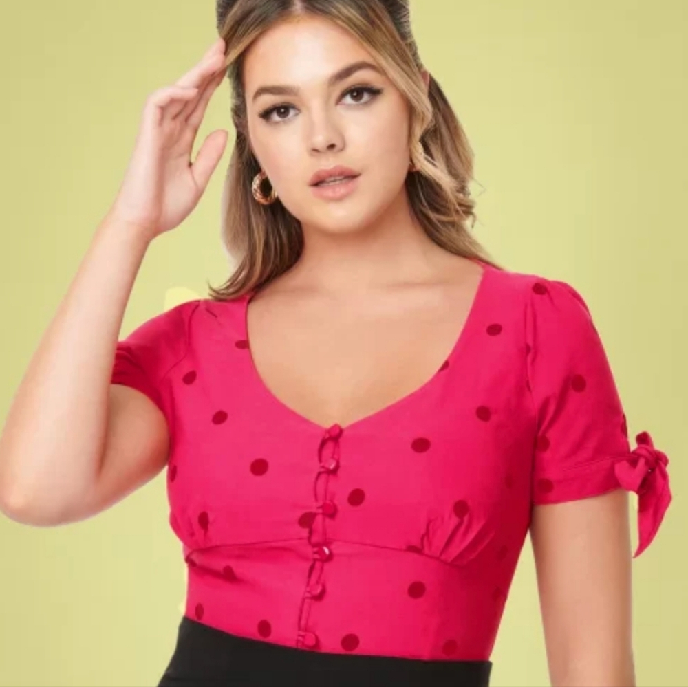 UNIQUE VINTAGE Noreen pink polka dot puff sleeve 50s style top blouseβ L